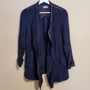 Vince Leather Trim Drape Neck Open Front Jacket Cardigan Coastal Navy Blue Sz 8